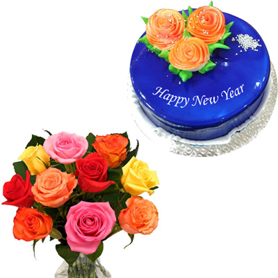 "Blue Berry Gel Cake -1 kg,12 Mixed Roses flower bunch - Click here to View more details about this Product